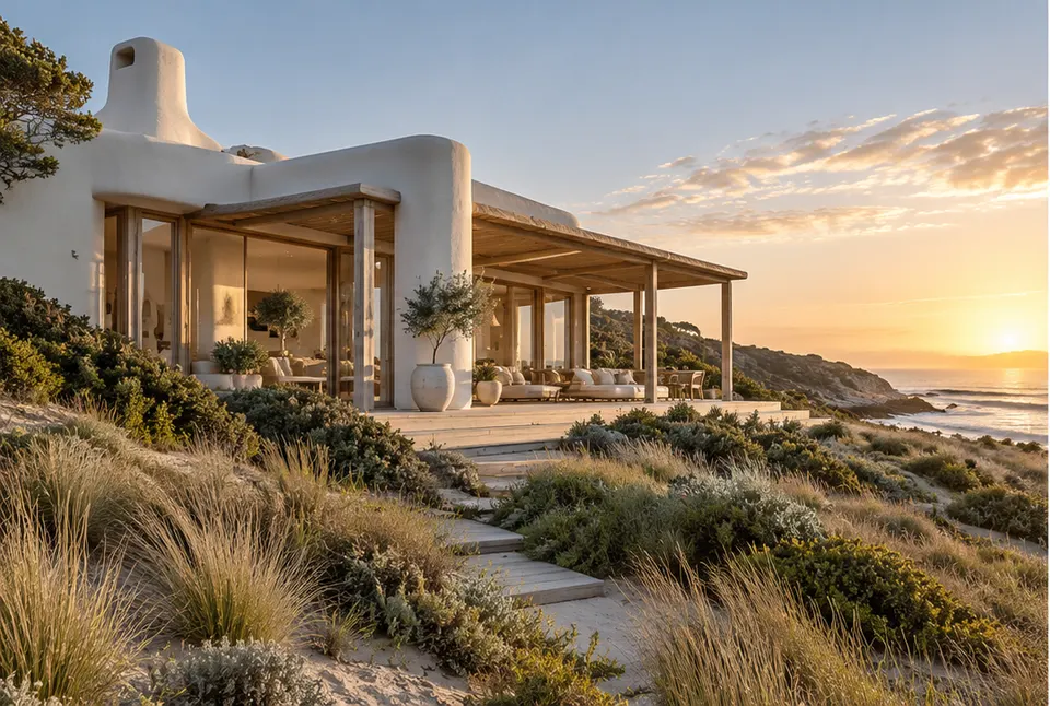 Fictional Coastal Living · AI-generated exterior