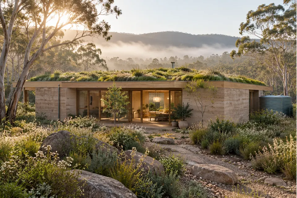 Fictional Regenerative Retreat · AI-generated exterior